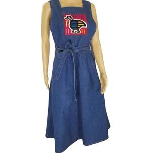 1970s Blue Jean Crossroads Bird Patch Midi Jean Belted Apron Flare Dress Size L